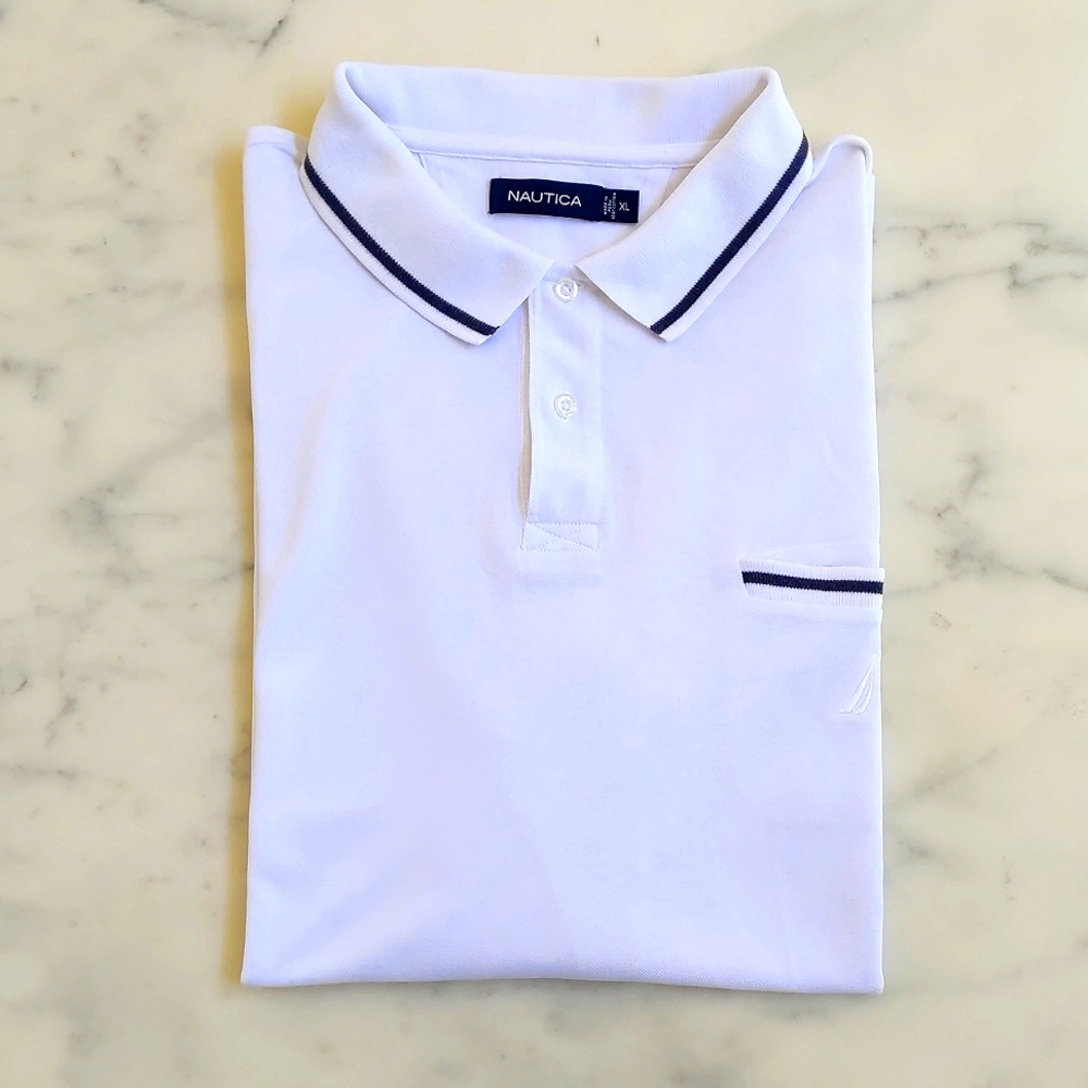 Nautica Men's 100% Cotton White Polo Shirt with embroidered logo and black trim.